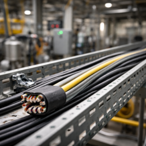 Close-up of multi-conductor tray cable installed in a perforated metal cable tray within an industrial facility.