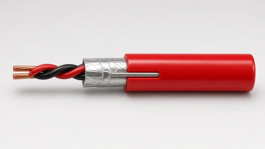 Cutaway of NYC shielded FPLP fire alarm cable showing foil shield and drain wire